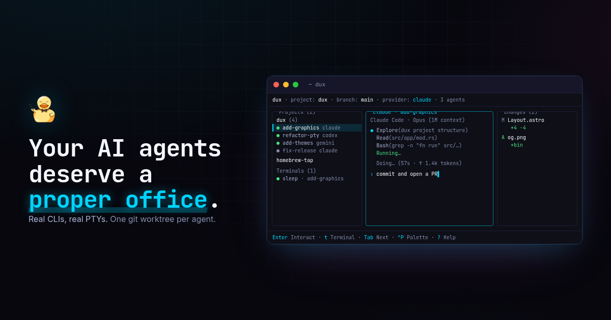 dux: run multiple Claude Code, Codex & OpenCode agents in parallel ...